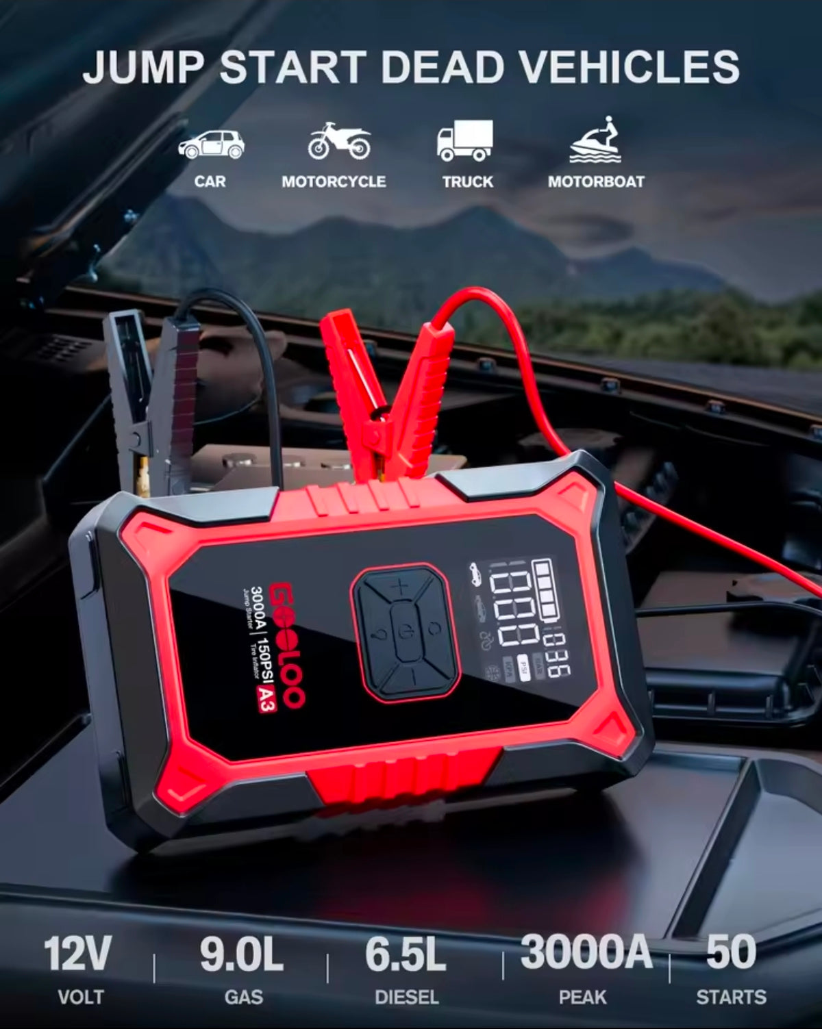 Εκκινητής Μπαταρίας 3000A & Αεροσυμπιεστής 150 PSI GOOLOO A3