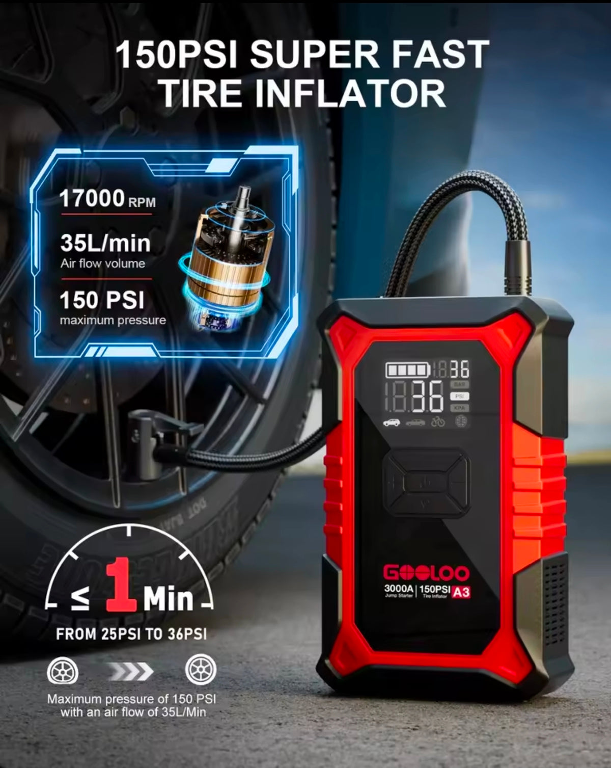 Εκκινητής Μπαταρίας 3000A & Αεροσυμπιεστής 150 PSI GOOLOO A3