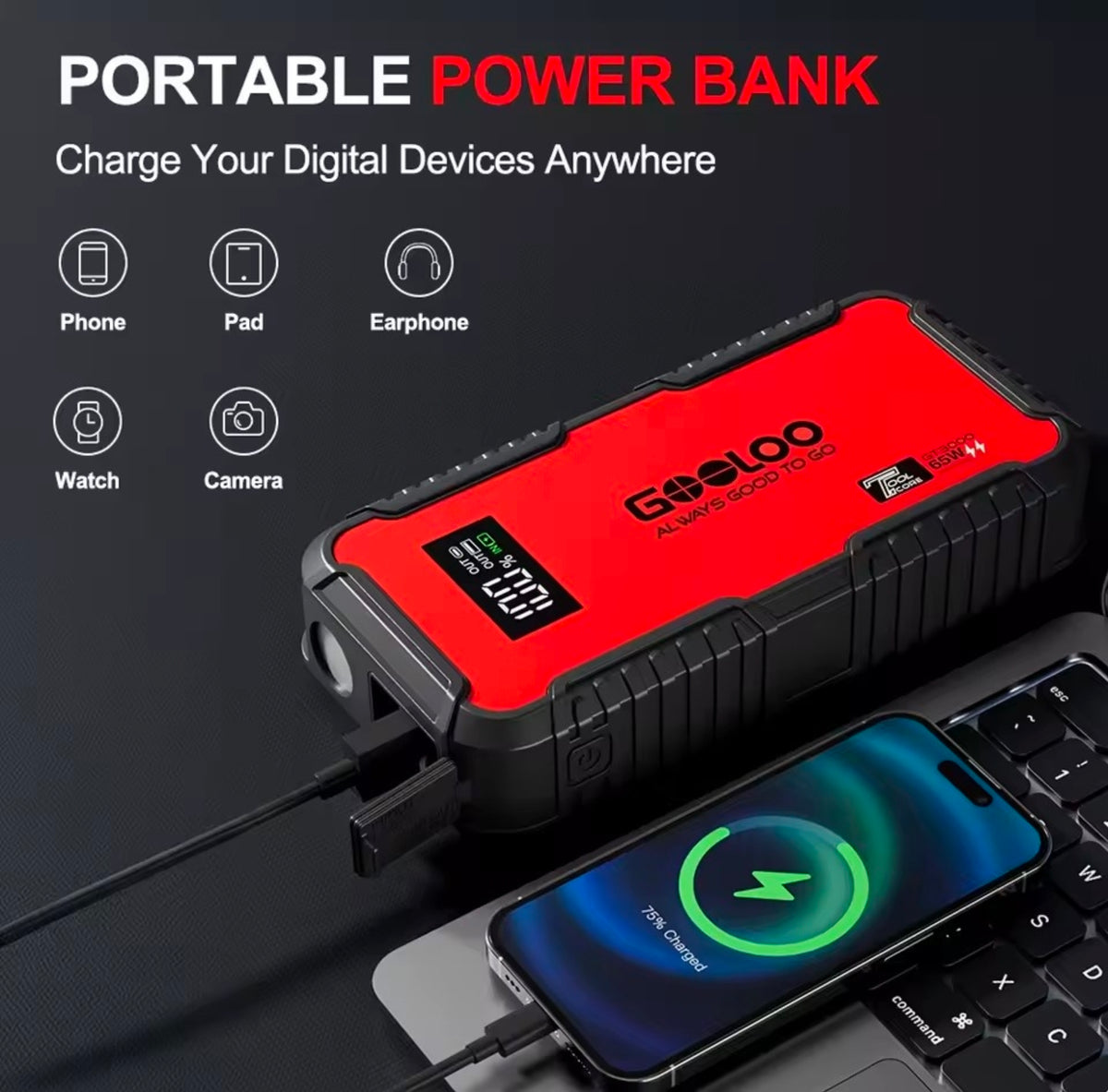 Εκκινητής Μπαταρίας 12V 3000A & Power Bank 65W GOOLOO GT3000 3000A